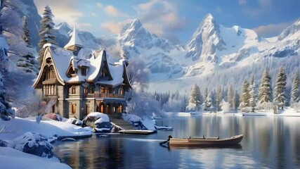 Sticker - Charming fantasy house nestled by the serene shores of a winter lake, surrounded by snow-capped landscapes.