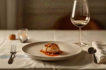 a white plate topped with food next to a glass of wine