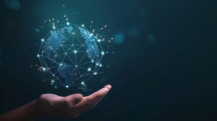 Fototapete - digital technology security concept Wireless connection of the global Internet communication network Abstract globe resting on human hand with interconnected polygons on dark blue back : Generative AI
