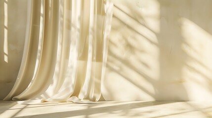 Poster - Minimalistic abstract gentle light beige background for product presentation with light and shadow of window curtains on wall : Generative AI