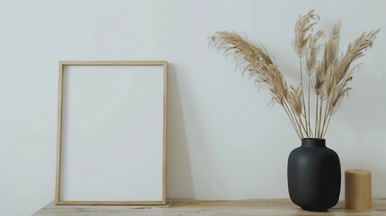 Poster - Square wooden frame mockup on vintage floor Modern vase with dry Lagurus ovatus grass White wall background Scandinavian interior : Generative AI