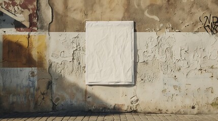 Poster - White wrinkled poster template Glued paper mock up Blank wheat paste on textured wall Empty street art sticker mock up in frame Clear urban glued advertising canvas : Generative AI