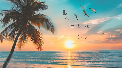 Poster - Silhouette palm tree at tropical beach with birds flying on sunset sky abstract background Nature environment and travel freedom concept Vintage tone filter effect color style : Generative AI