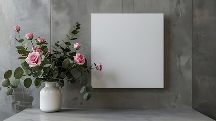 Aufkleber - White canvas mockup hanging on grey wall and bouquet of pink roses with eucalyptus leaves Empty blank canvas interior decor : Generative AI