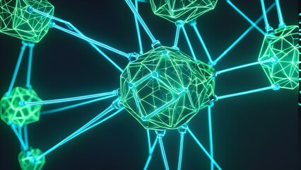 A green and blue image of a complex web of interconnected cubes