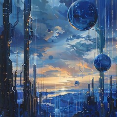 Poster - Futuristic Cityscape with Floating Spheres