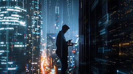 Leinwandbilder - Digital technology big data internet network connection futuristic innovation technology background Man using mobile phone and laptop and smart city : Generative AI
