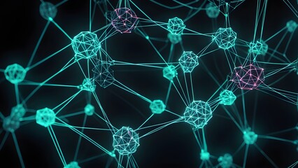 A computer generated image of a network of blue and pink dots