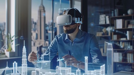 Aufkleber - Male engineer uses VR headset and wireless controllers creates architectural project of the city in virtual reality Man works in modern hitech company 3D hologram Future digital AI tec : Generative AI