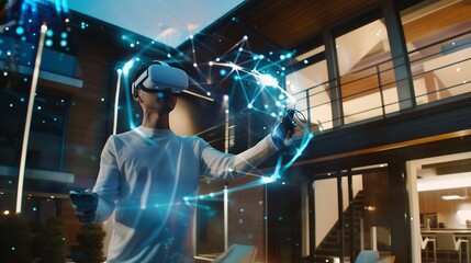 Poster - Male designer uses VR headset and wireless controllers presents smart home exterior design project in virtual reality to coworkers Modern hitech company 3D hologram Future digital tech : Generative AI