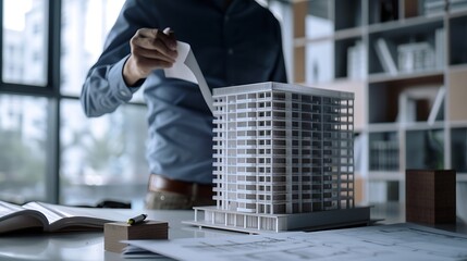 Poster - Close up Asian individual architect or engineer holding building scale model of multistory building design or review of architectural plans laid out on work surface in front of them : Generative AI