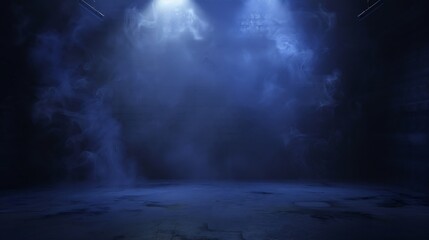 Aufkleber - Empty dark blue abstract cement wall and studio room with smoke floating up the interior texture for display products wall background empty dark scene neon light spotlights and laser l : Generative AI