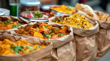 Poster - A food delivery bag filled with piping hot Indian dishes, ready to be delivered.