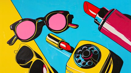 A playful pop art illustration of everyday objects like a vintage telephone, lipstick, and sunglasses in bold, contrasting colors