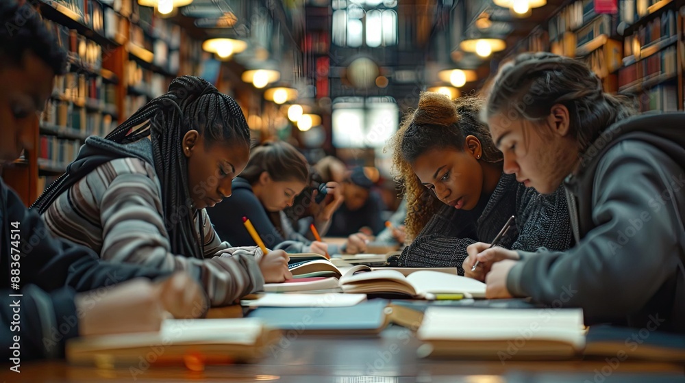 Diverse group of students studying together in a library, highlighting ...