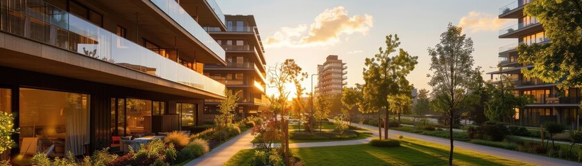 Modern urban residential complex with shared amenities and green spaces, emphasizing urban living