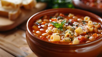 Wall Mural - A hearty bowl of pasta e fagioli, a traditional Italian bean and pasta soup, with a rich tomato base.