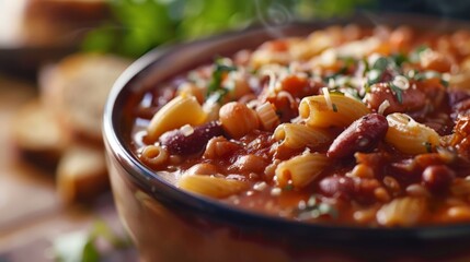 Wall Mural - A hearty bowl of pasta e fagioli, a traditional Italian bean and pasta soup, with a rich tomato base.