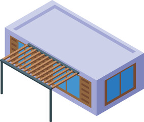 Poster - Modern house with wooden pergola is being built with flat roof, large windows and isometric view