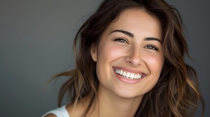 Big bright white smile headshot with a beautiful brunette woman sincere happy cheerful positive expression. 