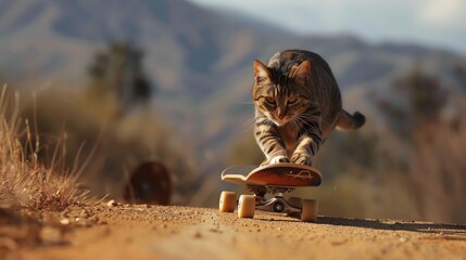 Wall Mural - A cat skateboarding down a dirt path.