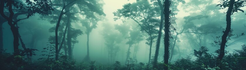 Dense forest in mist close up, focus on, copy space Ethereal ambiance, Double exposure silhouette with trees