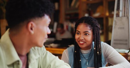 Poster - Happy people, talking and chatting with friend at library for studying, research or assignment at university. Young man, woman or students in conversation or discussion at college or campus together