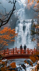 Wall Mural - A breathtaking waterfall in autumn surrounded by red leaves and a red bridge., with two people standing together in companionship. 