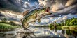 © Working Moments - Largemouth Bass Leaps from Water with Dramatic Cloudy Sky, Fishing, Sport Fishing, Freshwater Fish, Bass