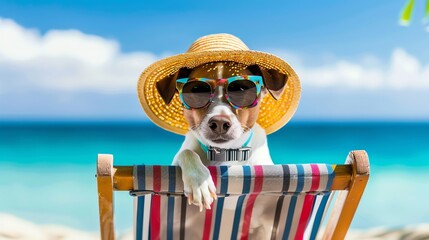 Wall Mural - A dog wearing sunglasses and a straw hat, sitting on a beach chair at the beach.