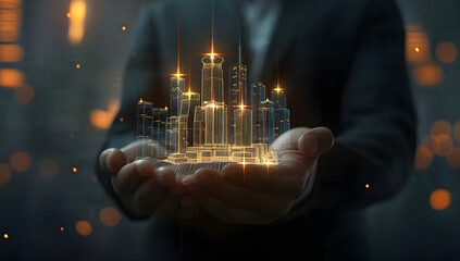 Wall Mural - Businessman holding a virtual hologram of real estate buildings or a building model on a dark background, representing a technology and architecture concept. 