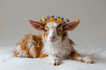 Wall Mural - Adorable Baby Goat with Flower Crown Relaxing on White Background