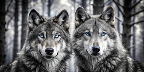  Two Wolves With Blue Eyes in a Forest, Close-Up, Portrait, Animals, Canines, Nature, Wildlife