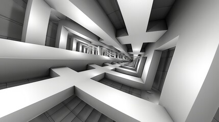 Abstract geometric white and grey futuristic corridor with perspective.