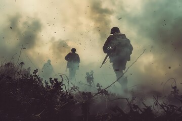 Wall Mural - dramatic recreation of a world war ii battle scene soldiers advancing through smoke and debris vintage color palette with desaturated tones