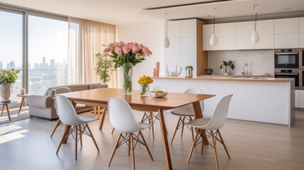 Table with chairs and flowers located near lounge area and kitchen in spacious room of contemporary apartment