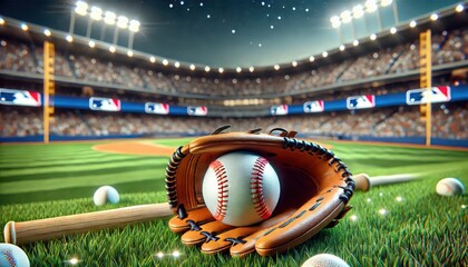 Baseball Glove, Bat, and Ball on Grass Field with Stadium in Background