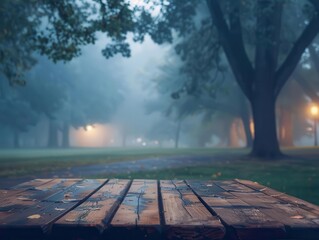 Wall Mural - misty evening park scene wooden table in foreground atmospheric fog drifting through trees in background