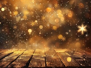 Wall Mural - opulent golden bokeh background with falling snowflakes and a wooden table for product display