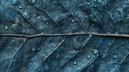 Wall Mural - A close up of a large, blue, veined leaf covered in water droplets.