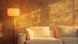 © horizon - Minimalist living room, white leather sofa, warm ambient lighting, floor lamp with soft glow, golden hour sunlight, long shadows on wall, monochromatic color scheme, beige tones.