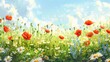 © DreamStock - Colorful Wildflowers Blooming in a Sunny Summer Meadow Landscape Painting with Vibrant Blooms under Bright Blue Sky and Soft Clouds