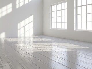 Sunlit empty room, bright white walls, large grid windows, wooden floor, serene and minimalist ambiance