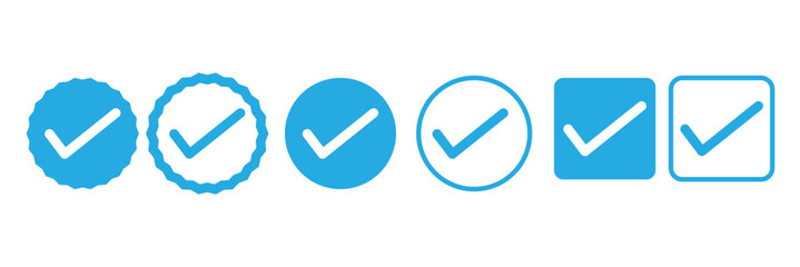 Poster - blue check mark icons in a circle and square. tick mark icon in a circle and square symbols. yes, right, ok symbol cions. vector illustration.