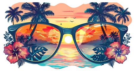 Wall Mural - Tropical paradise reflected in sunglasses with palm trees and hibiscus flowers