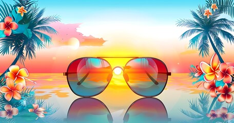 Wall Mural - Tropical paradise with vivid sunset and palm trees reflected in sunglasses