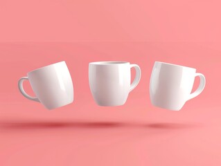 Poster - Three floating white ceramic mugs against a pink background, casting subtle shadows.