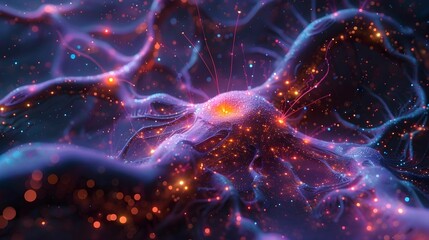 Wall Mural - Nerve fibers depicted as glowing threads weaving through a cosmic tapestry, creating intricate patterns of light glowing.
