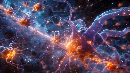 Wall Mural - Nerve fibers depicted as glowing threads weaving through a cosmic tapestry, creating intricate patterns of light glowing.
