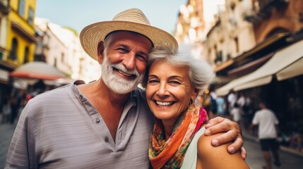 Wall Mural - Happy caucasian senior couple tourist in city looking at the camera,generative ai